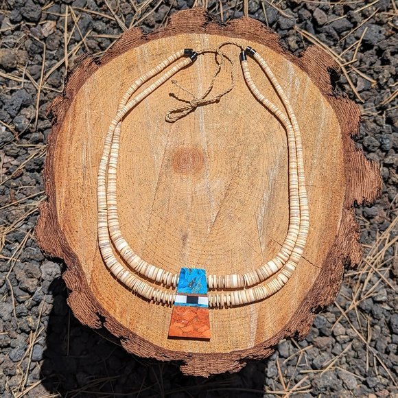 Hopi Shell Beads Necklace Inlay Turquoise Pendant Native American Handmade*** - Picture 3 of 10